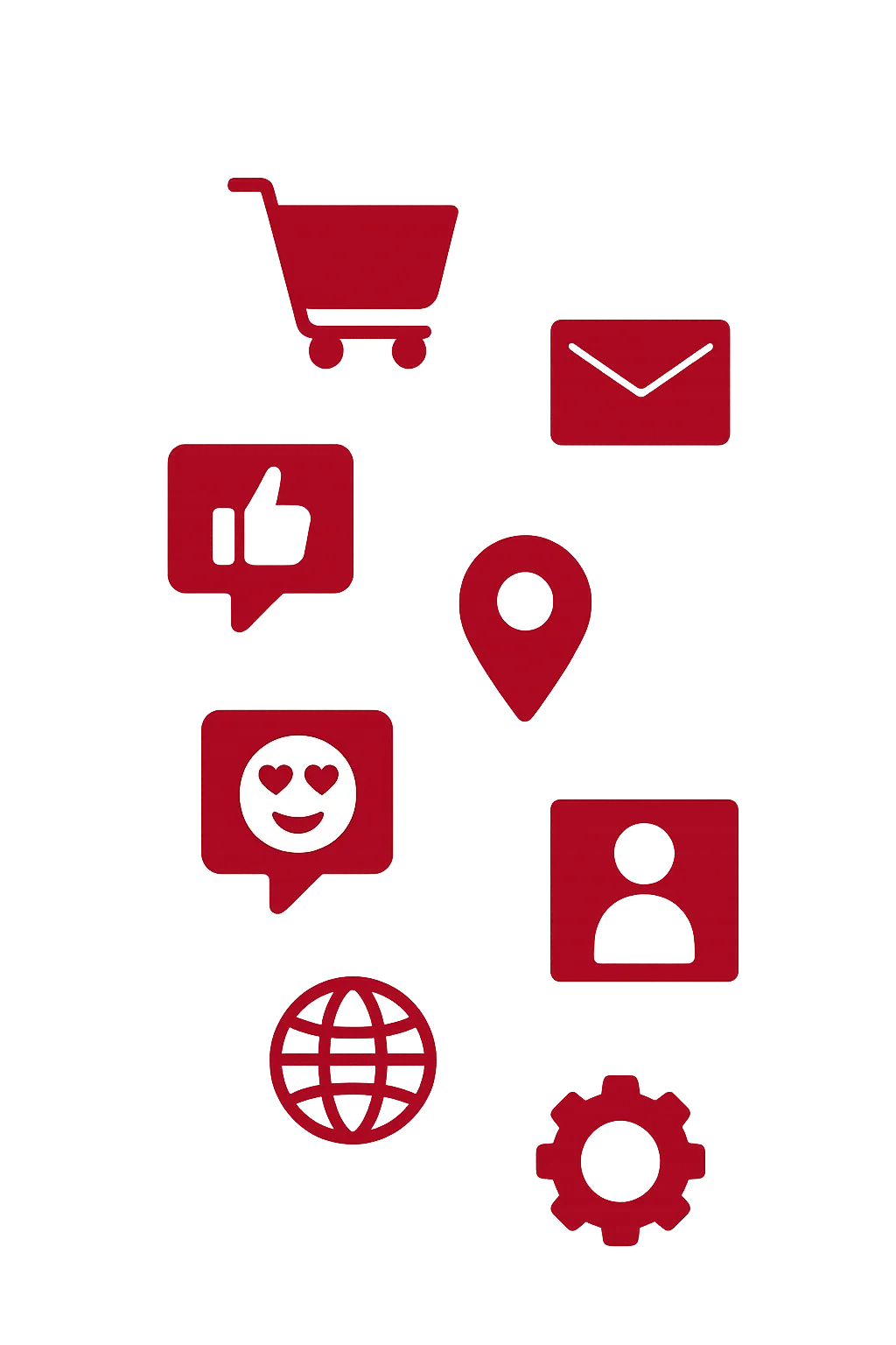 PomEdge e-commerce marketing icons: shopping cart, reviews, targeting and campaign management